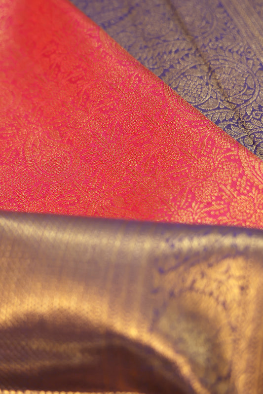 Magenta Kanchipuram Silk Saree with Navy Blue Border and Floral Jaal