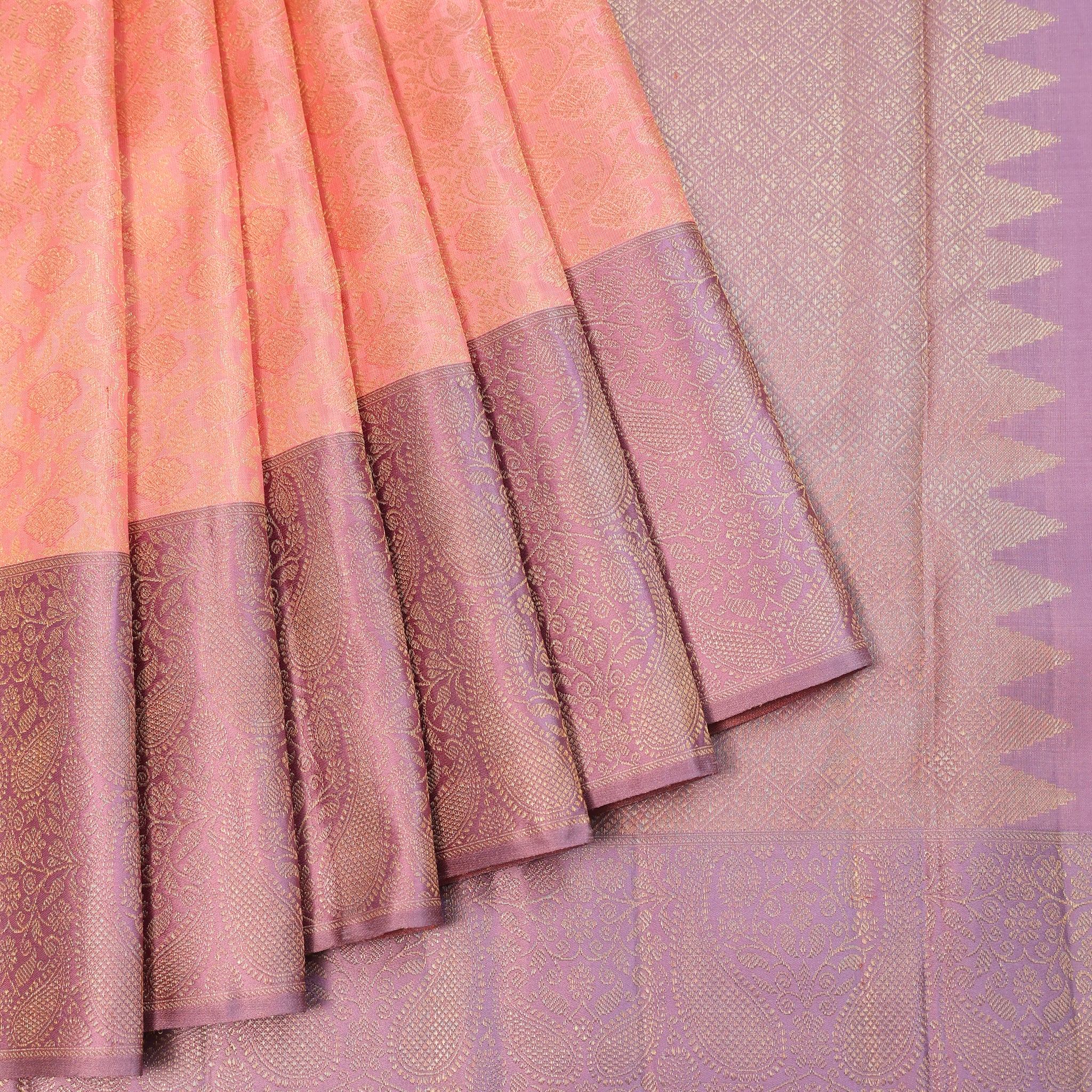 Peach Kanchipuram Silk Saree with Lavender Border