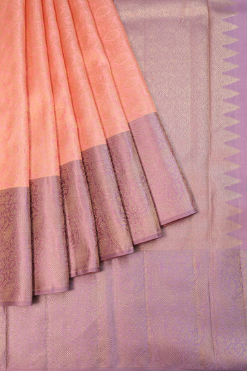 Peach Kanchipuram Silk Saree with Lavender Border