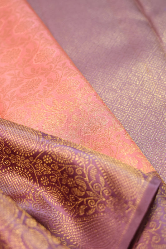 Peach Kanchipuram Silk Saree with Lavender Border