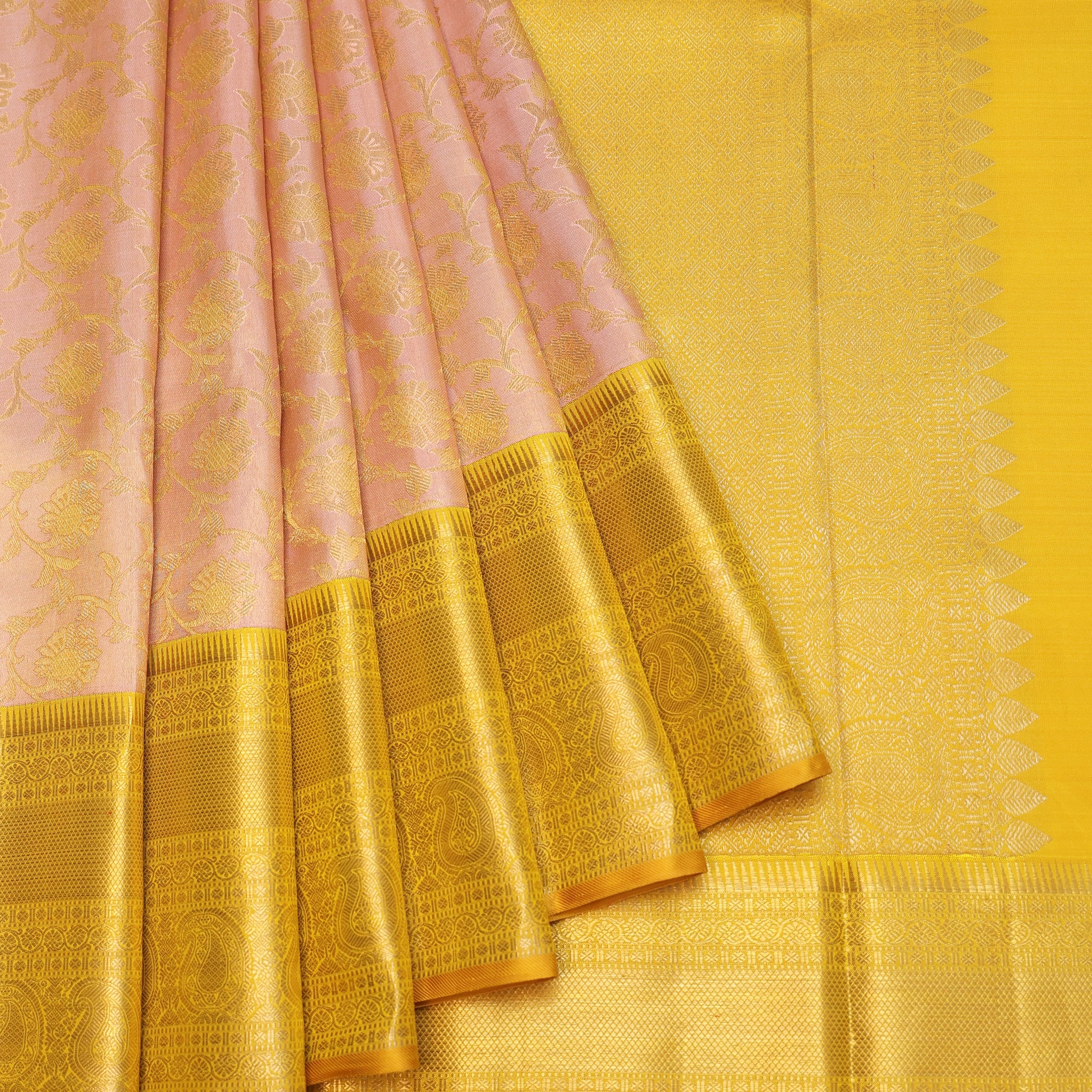 Yellow Kanchipuram Silk Saree with Paisley and Floral Design