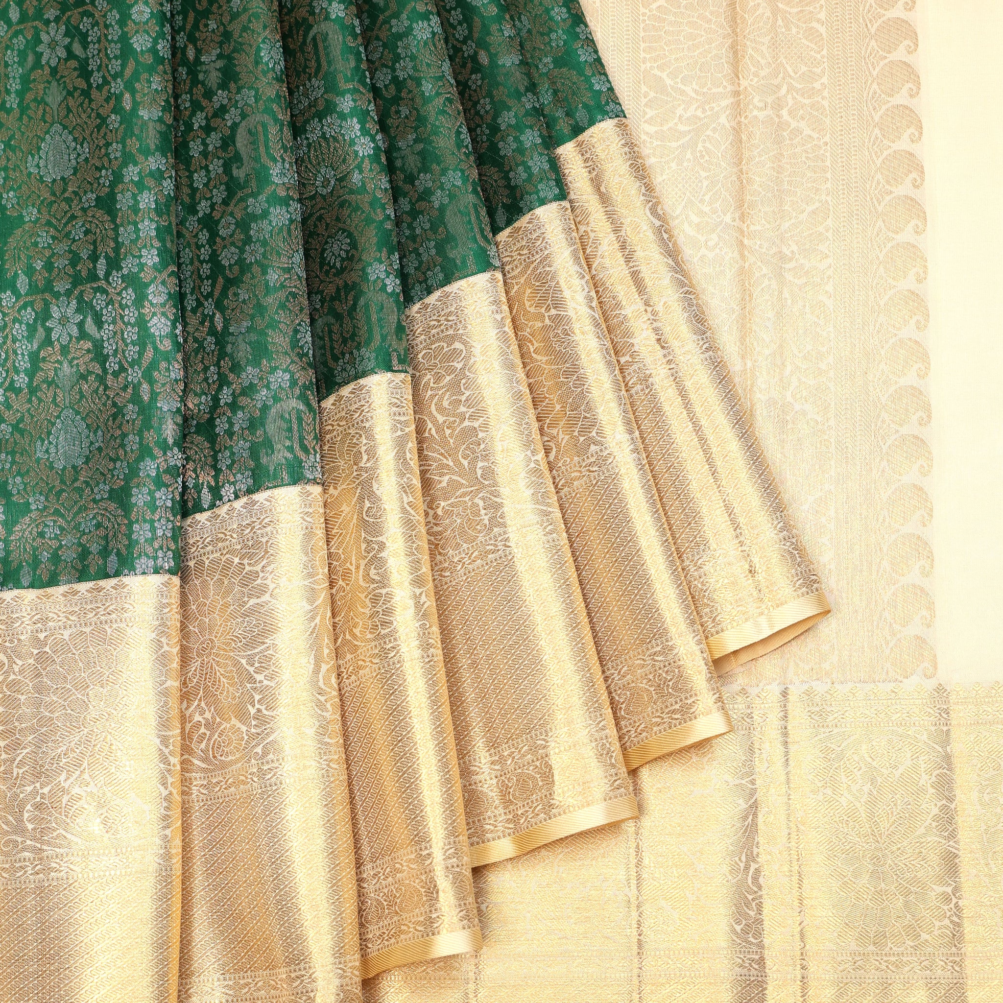 Green Kanchipuram Silk Saree with Cream Zari Border