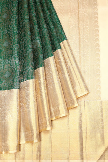Green Kanchipuram Silk Saree with Cream Zari Border