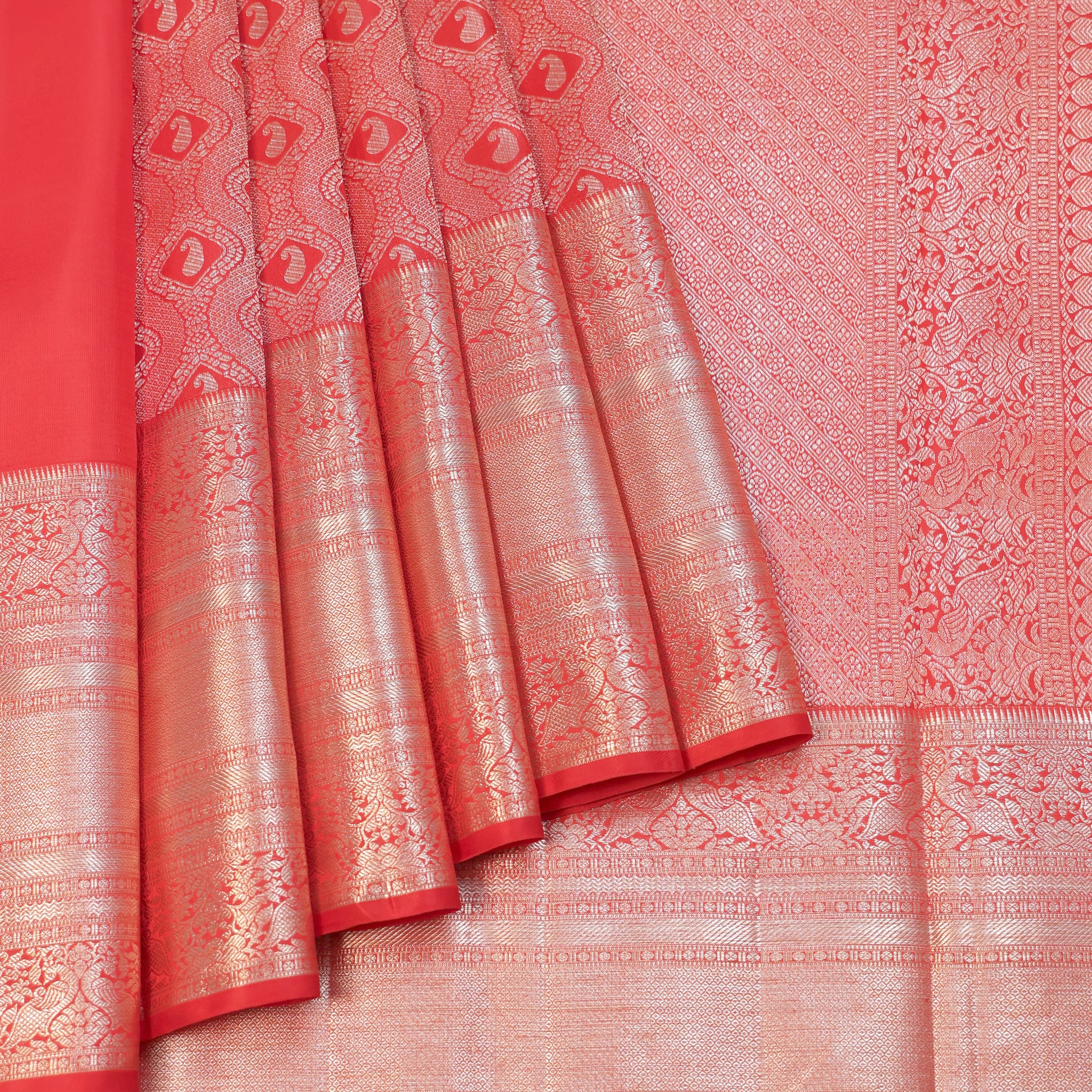 Red Kanchipuram Silk Saree with Gold Zari Mango and Diamond Butta