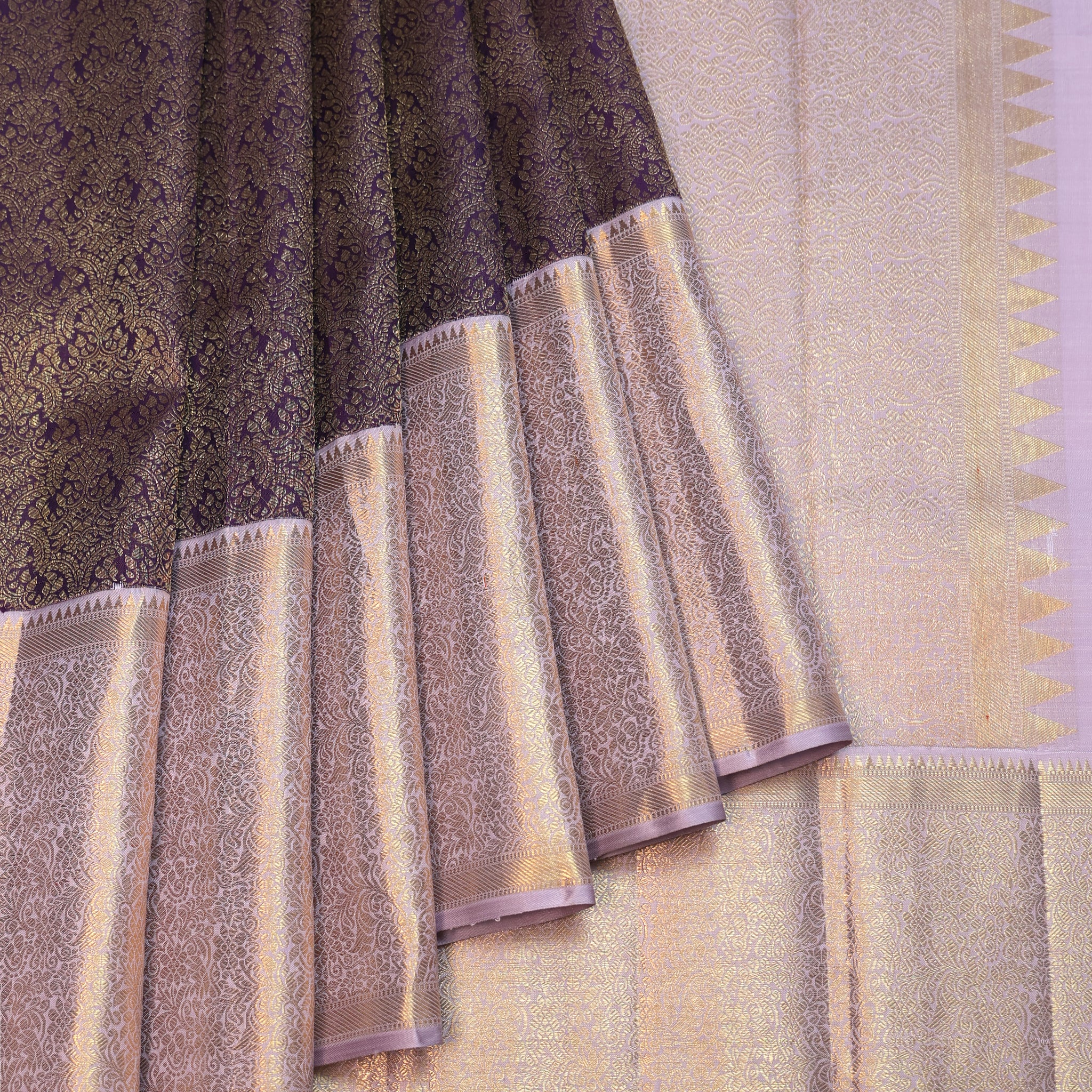 Violet Kanchipuram Silk Saree with Gold Zari Jaal Design