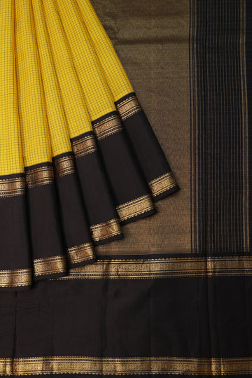 Yellow Chequered Kanchipuram Silk Saree with Black Gap Border