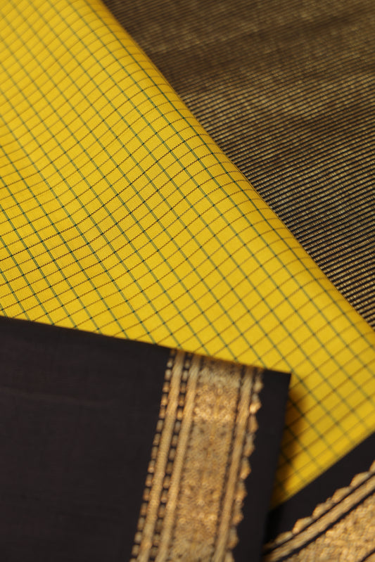 Yellow Chequered Kanchipuram Silk Saree with Black Gap Border