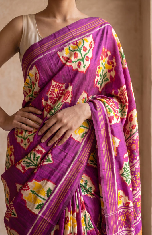 Purple Patan Patola Silk Saree with Multicolour Flower Motifs