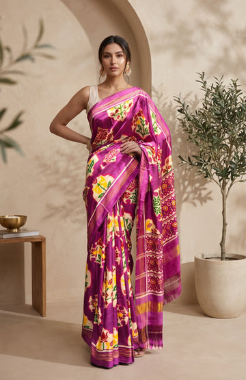 Purple Patan Patola Silk Saree with Multicolour Flower Motifs
