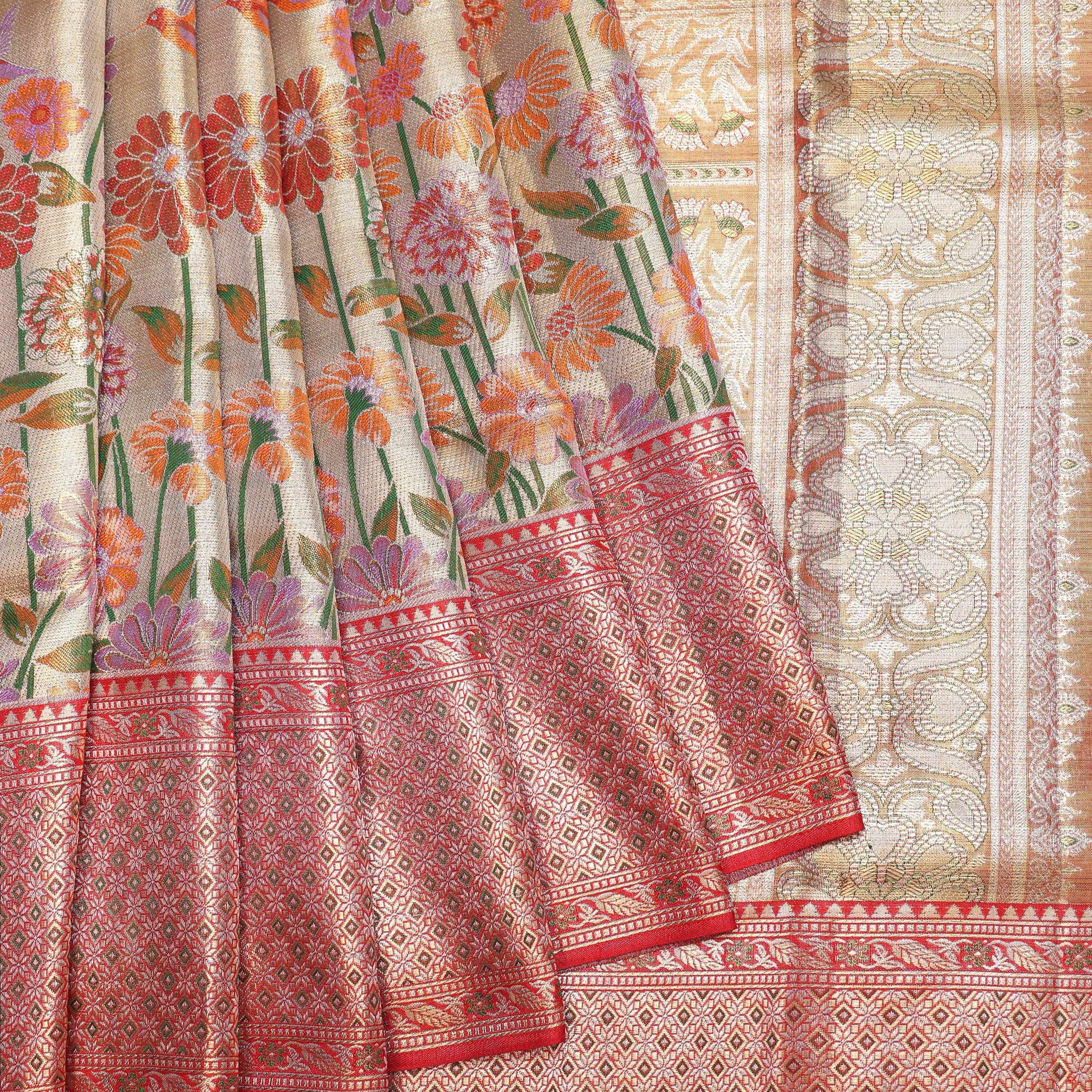 Gold Kanchipuram Silk Saree with Floral Meenakari Design