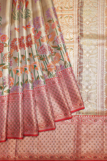 Gold Kanchipuram Silk Saree with Floral Meenakari Design