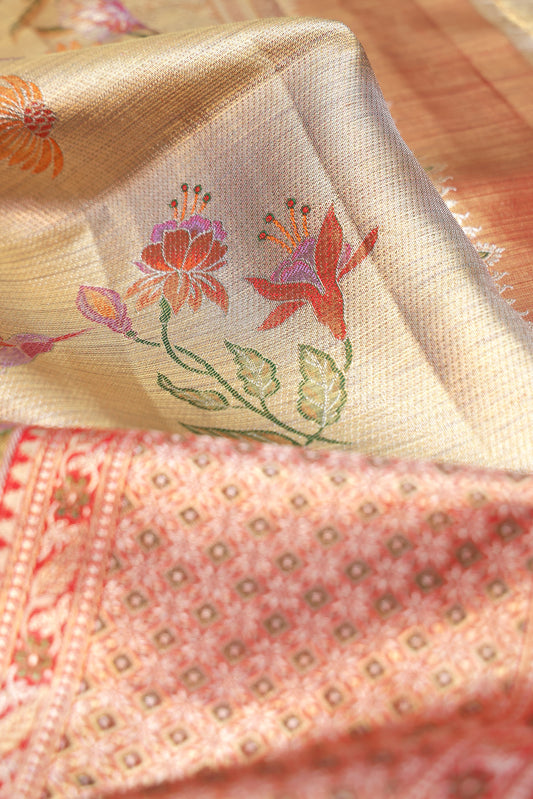 Gold Kanchipuram Silk Saree with Floral Meenakari Design