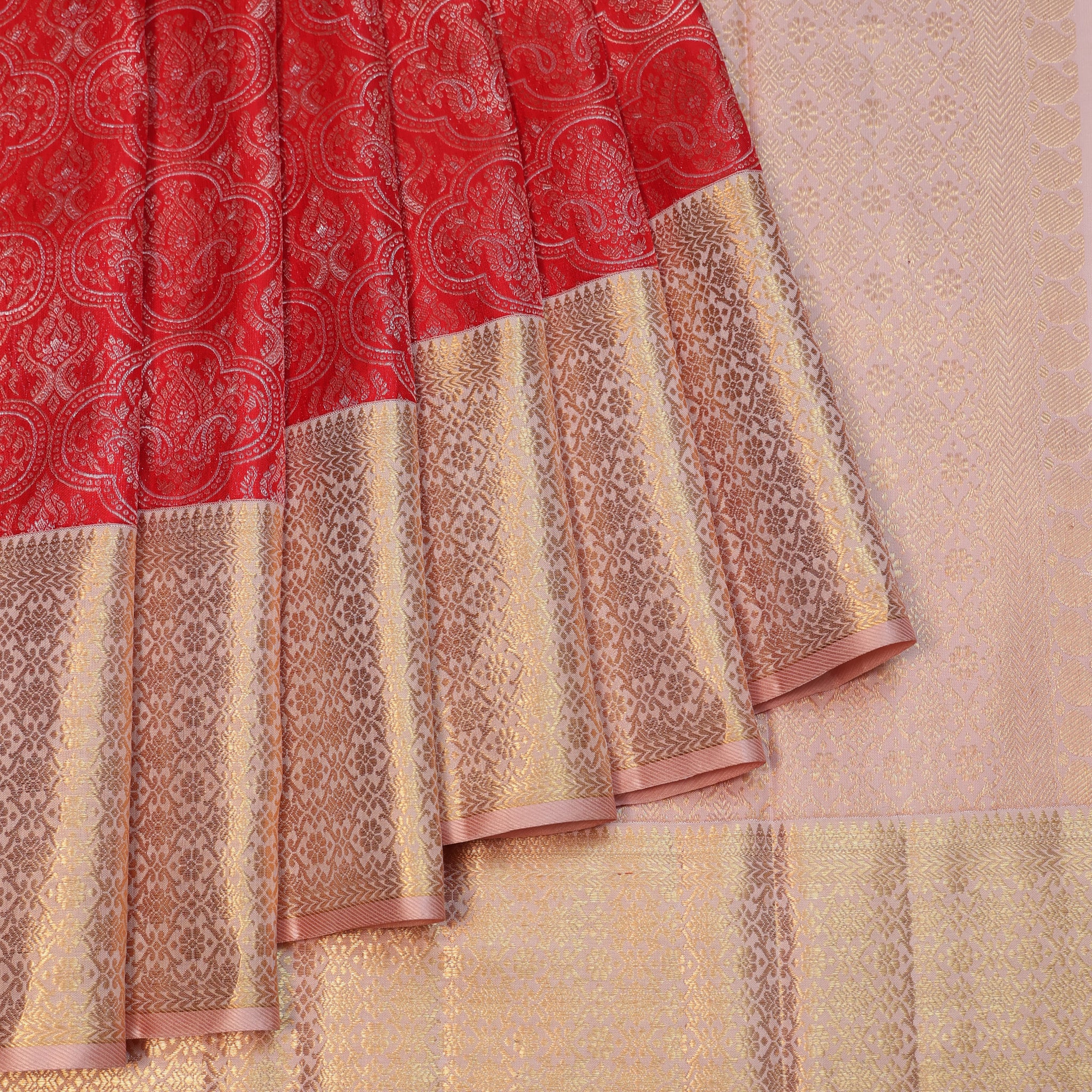 Red Kanchipuram Silk Saree with Gold Floral Border