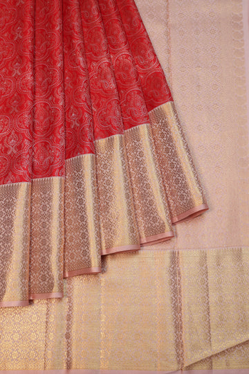 Red Kanchipuram Silk Saree with Gold Floral Border