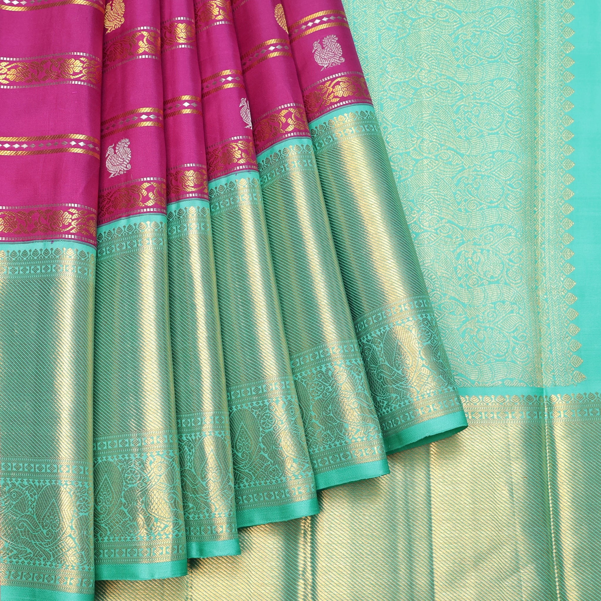 Pink Kanchipuram Silk Saree with Horizontal Floral Zari Stripes