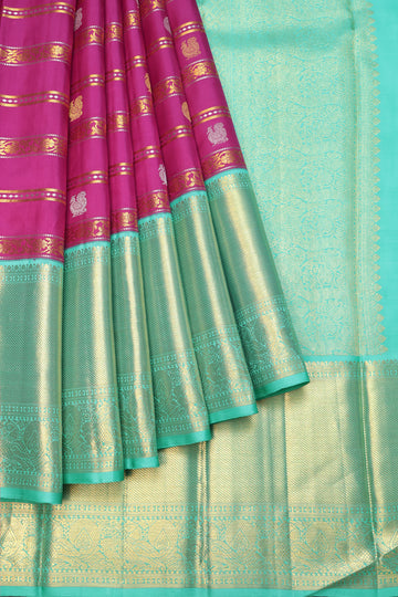 Pink Kanchipuram Silk Saree with Horizontal Floral Zari Stripes