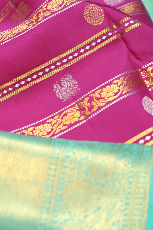Pink Kanchipuram Silk Saree with Horizontal Floral Zari Stripes
