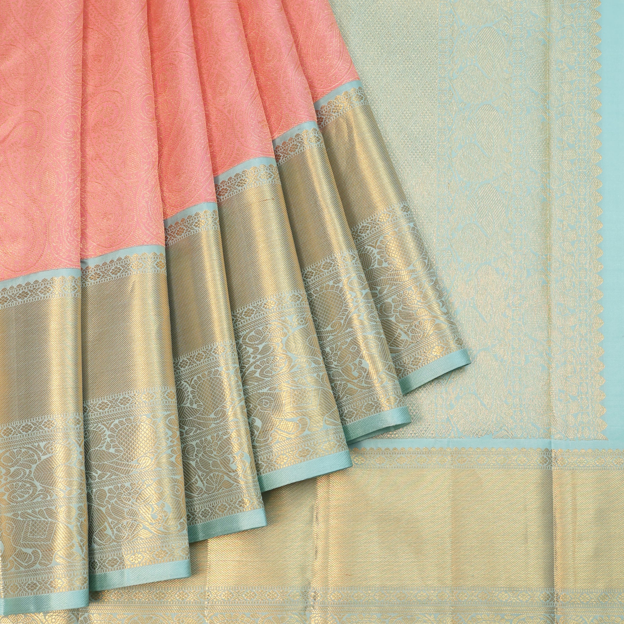 Peach Kanchipuram Silk Saree with All-Over Paisley Design