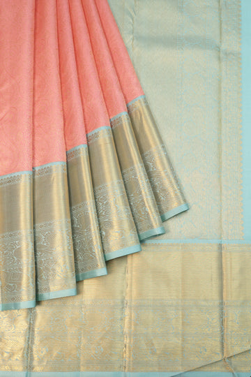 Peach Kanchipuram Silk Saree with All-Over Paisley Design