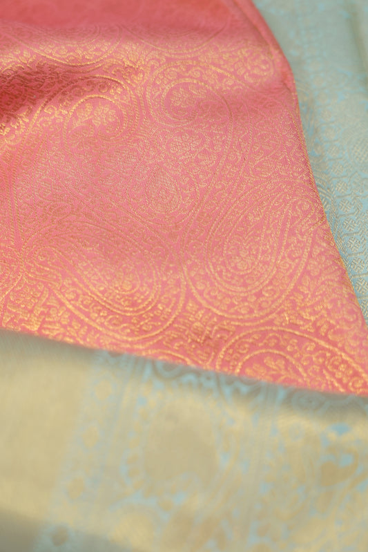 Peach Kanchipuram Silk Saree with All-Over Paisley Design