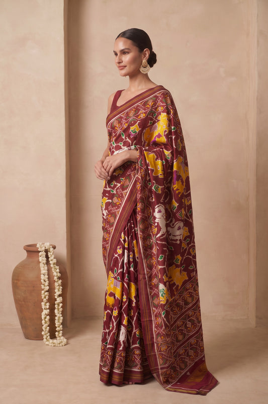 Maroon Patan Patola Silk Saree with Gold Zari Kaddi Pallu