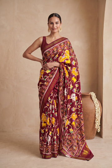 Maroon Patan Patola Silk Saree with Gold Zari Kaddi Pallu