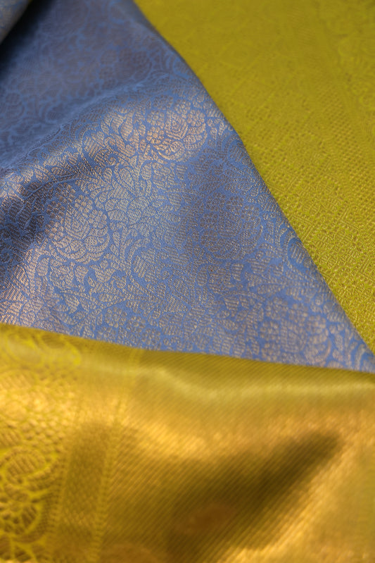 Indigo Blue Kanchipuram Silk Saree with Parrot Green & Gold Zari Border