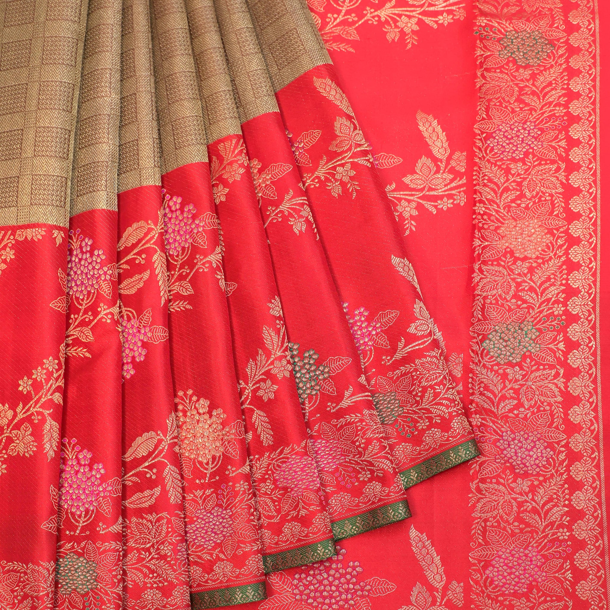 Gold Chequered Kanchipuram Silk Saree with Red Meenakari Border