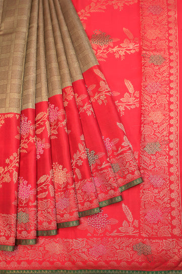 Gold Chequered Kanchipuram Silk Saree with Red Meenakari Border