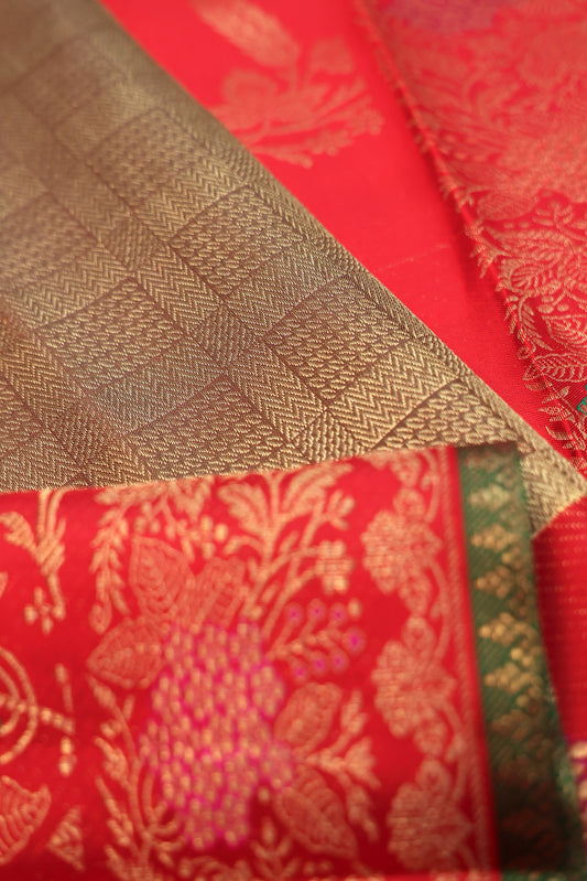 Gold Chequered Kanchipuram Silk Saree with Red Meenakari Border
