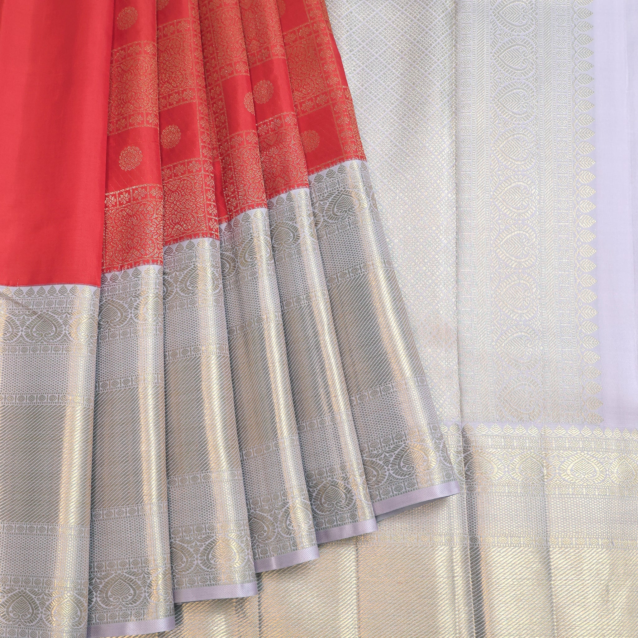 Red Kanchipuram Silk Saree with Lavender & Gold Zari Accents