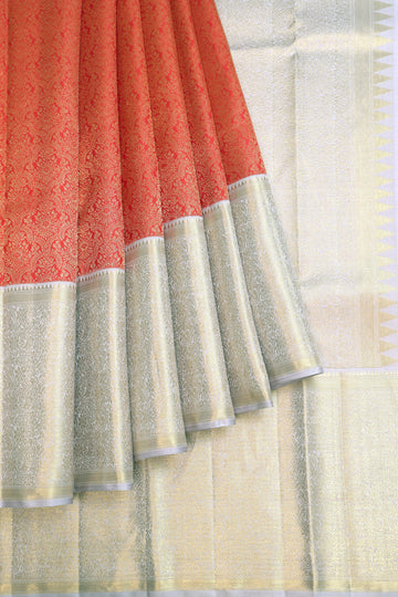 Red Kanchipuram Silk Saree with Lavender Zari Border