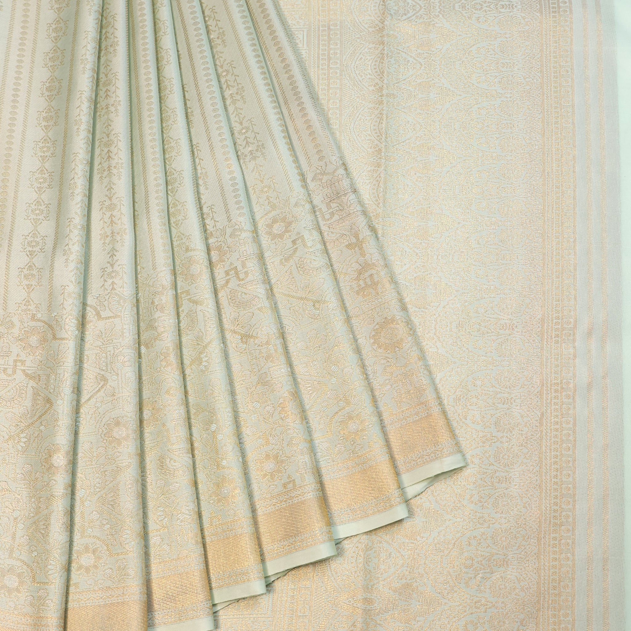 Pista Green Kanchipuram Silk Saree with Floral & Rudraksha Buttas