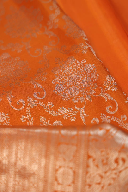 Orange Kanchipuram Silk Saree with Silver Zari Floral Jaal