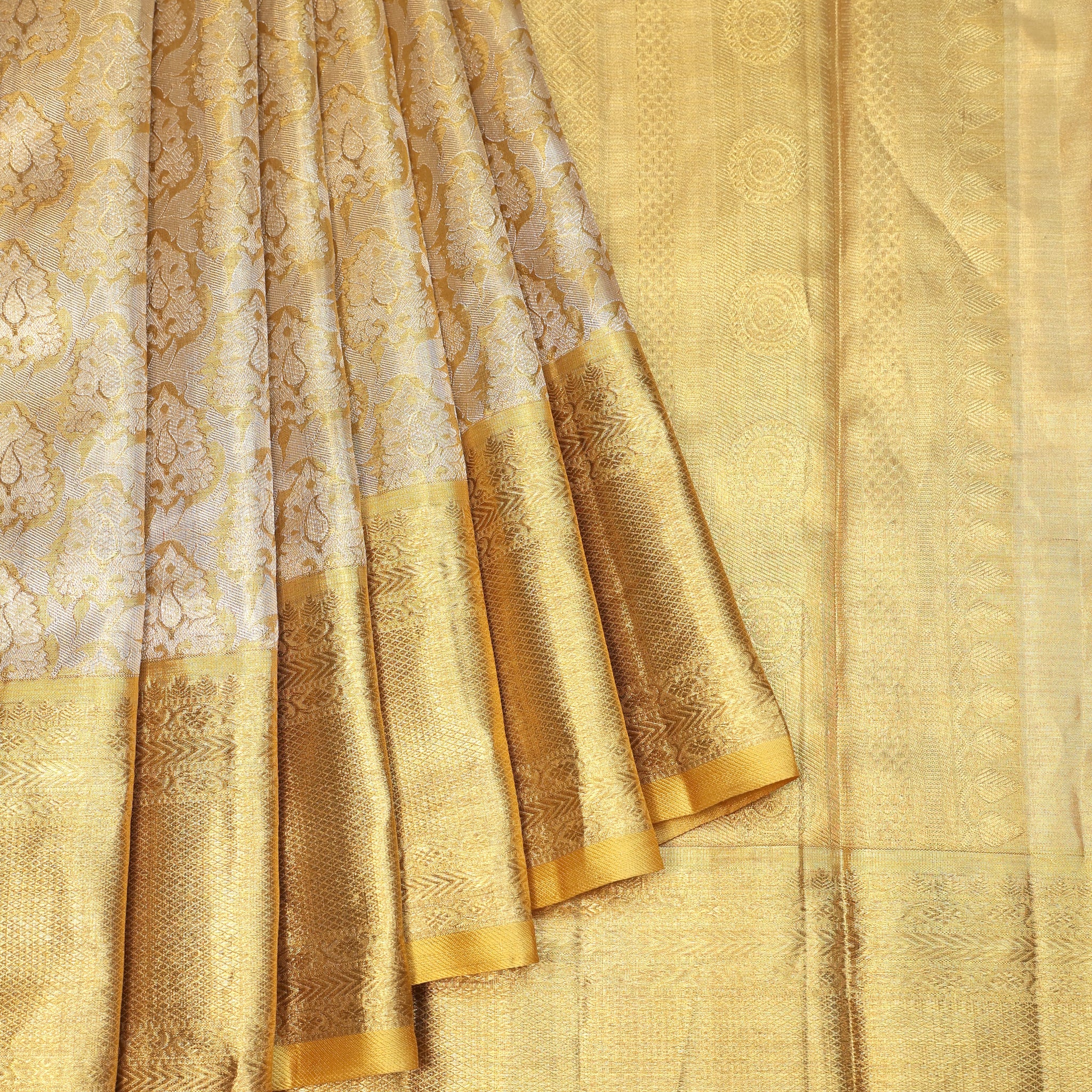 Gold Kanchipuram Tissue Silk Saree with All-Over Leaf Motifs