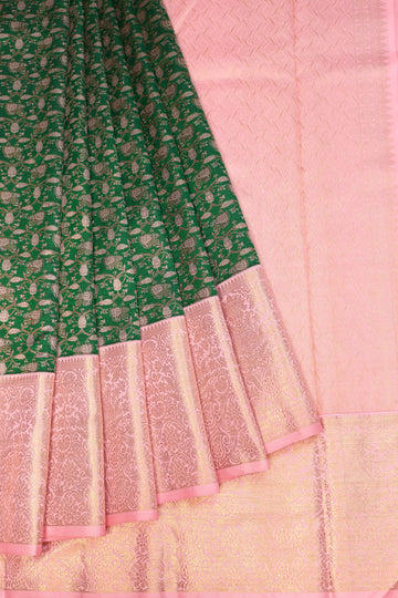 Green Kanchipuram Silk Saree with Floral Pink Zari Border