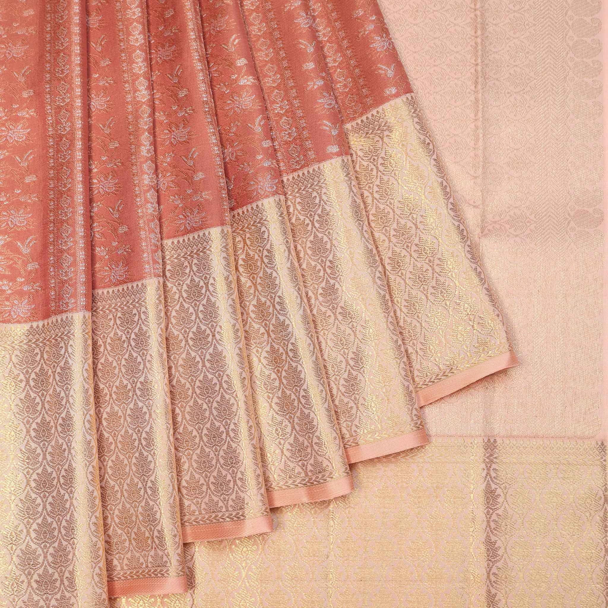 Brown Kanchipuram Silk Saree with Peach Zari Border
