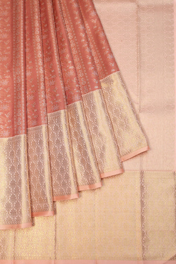 Brown Kanchipuram Silk Saree with Peach Zari Border