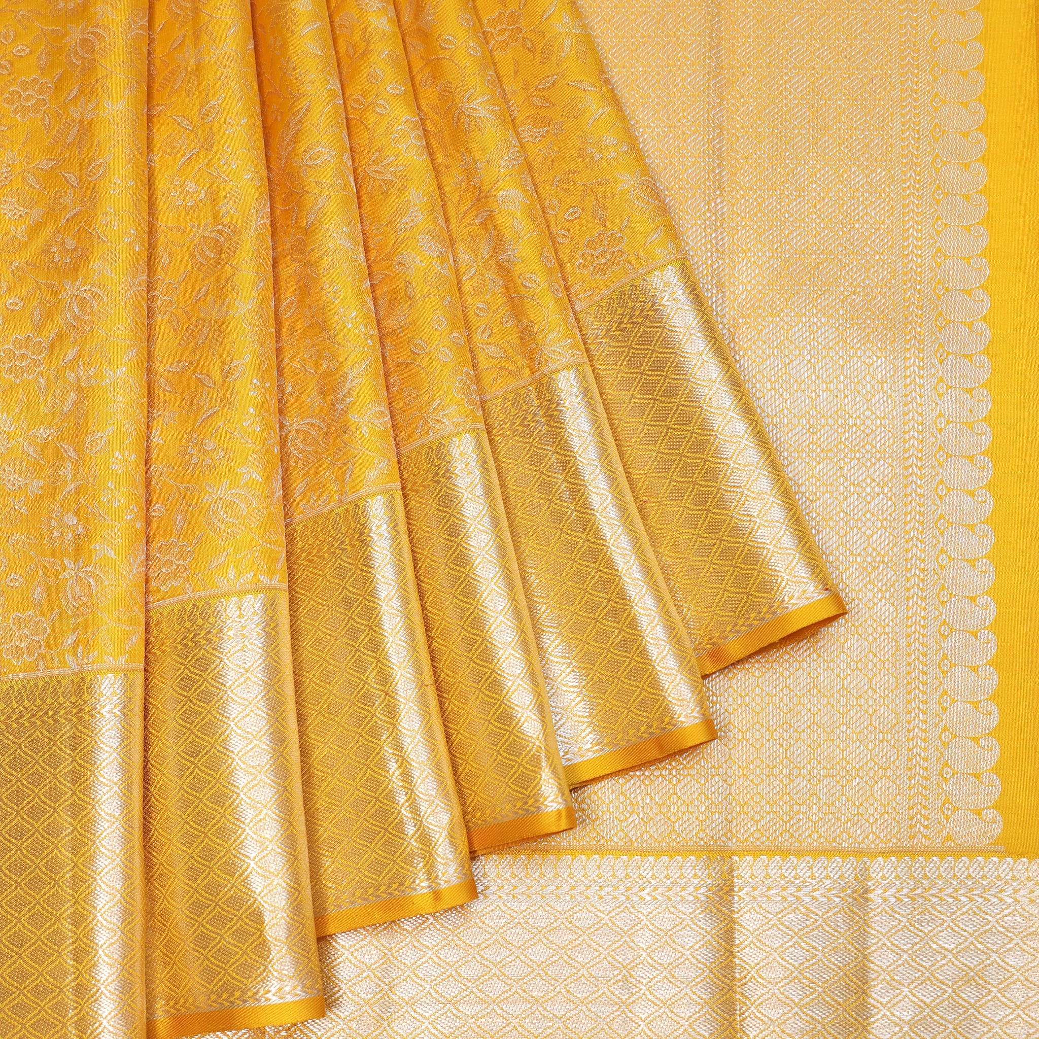 Mustard Kanchipuram Silk Saree with Diamond Checks Pallu