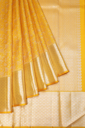 Mustard Kanchipuram Silk Saree with Diamond Checks Pallu