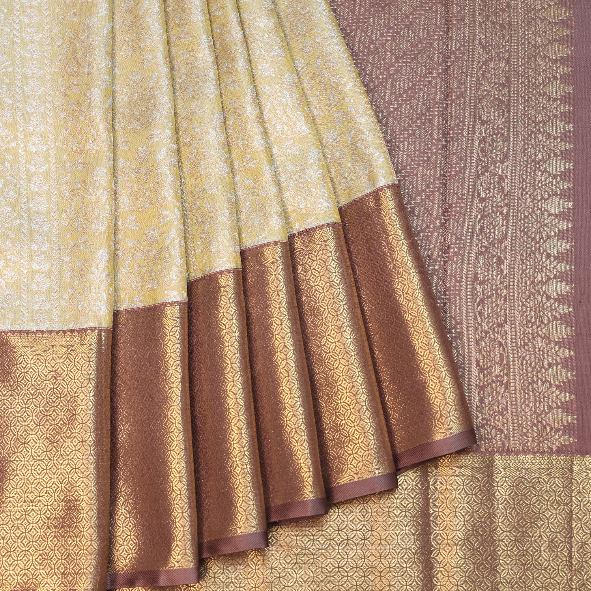 Pista Green Kanchipuram Silk Saree with Brown Gold Zari Border