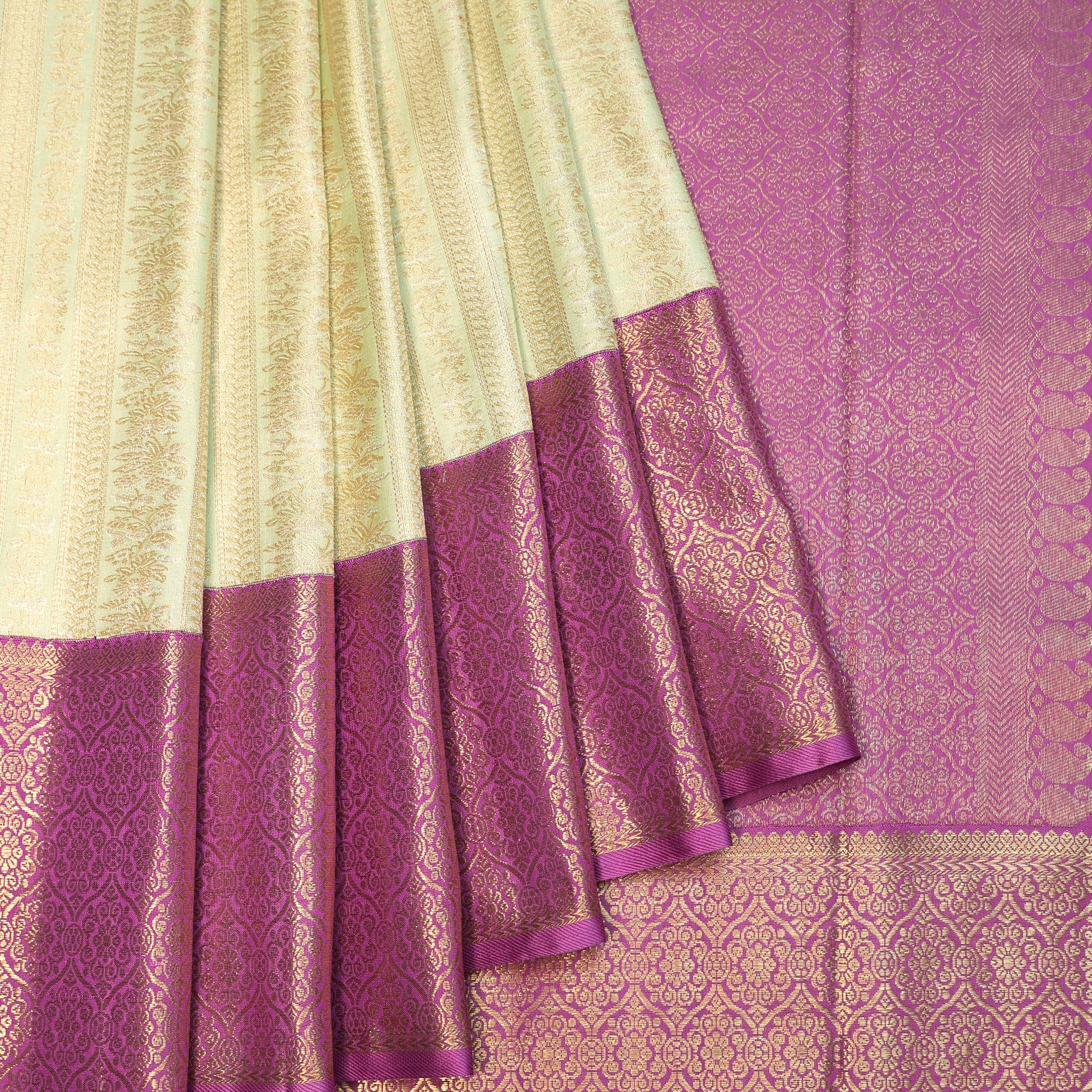 Pista Green Kanchipuram Silk Saree with Lavender Gold Zari Border
