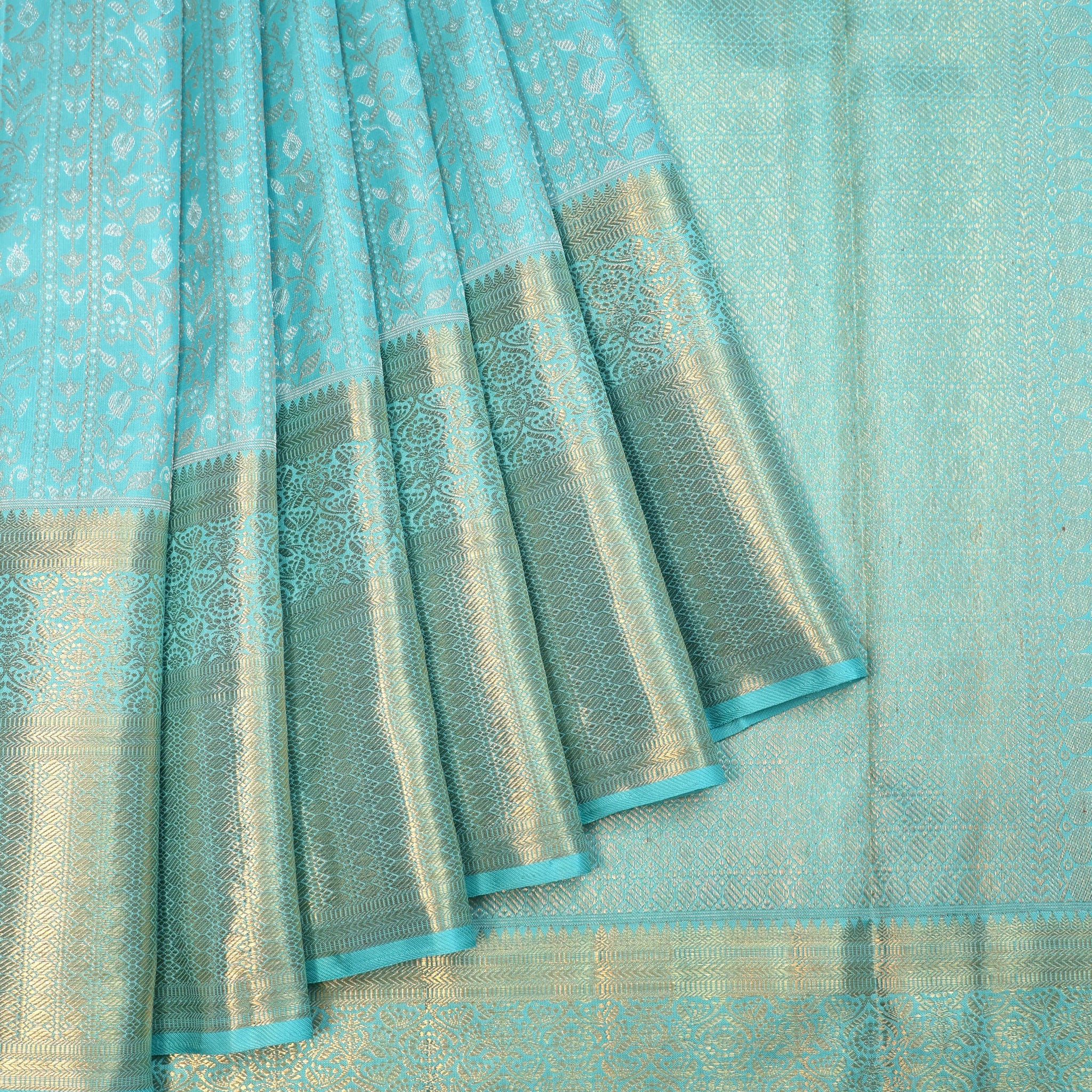 Sea Blue Kanchipuram Silk Saree with Gold Zari Border
