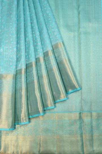 Sea Blue Kanchipuram Silk Saree with Gold Zari Border