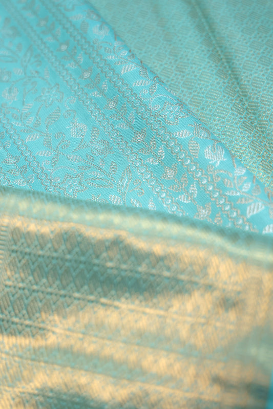 Sea Blue Kanchipuram Silk Saree with Gold Zari Border