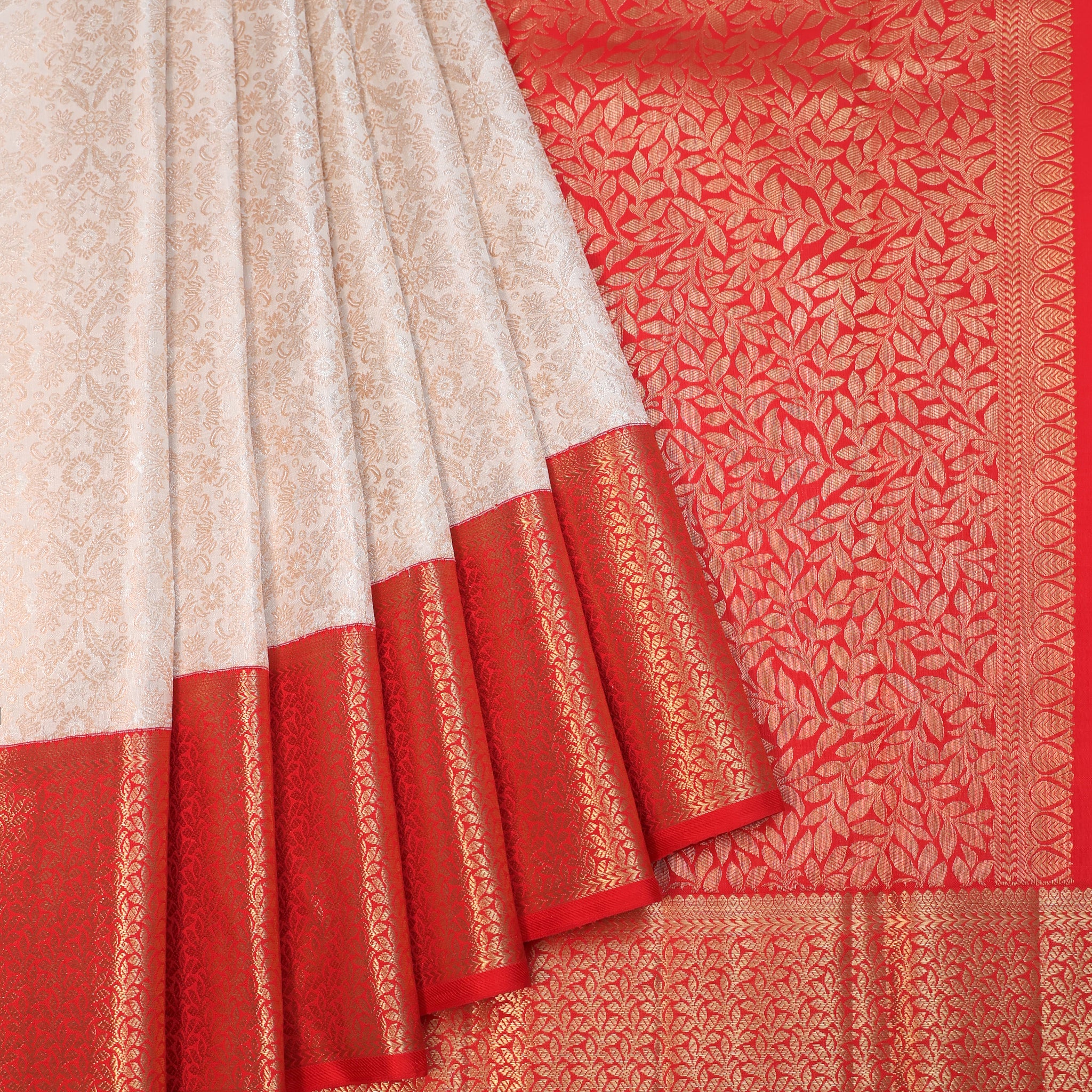 Cream Kanchipuram Silk Saree with Red Jaal Pallu
