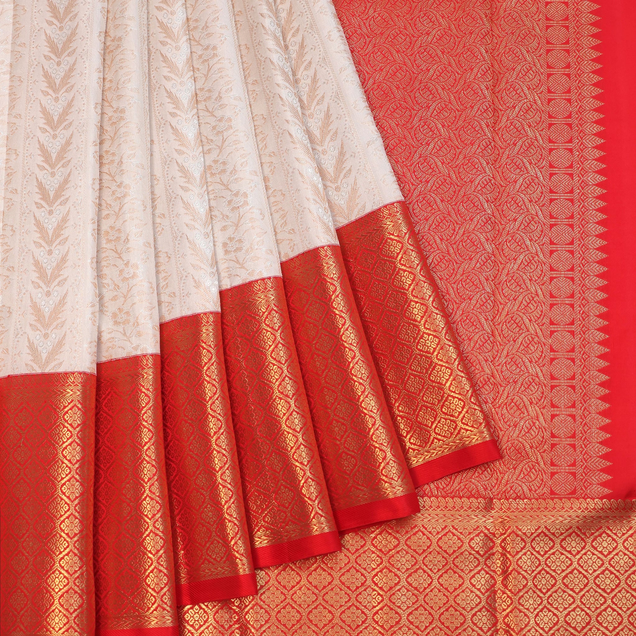 Cream Kanchipuram Silk Saree with Red Gold Zari Border