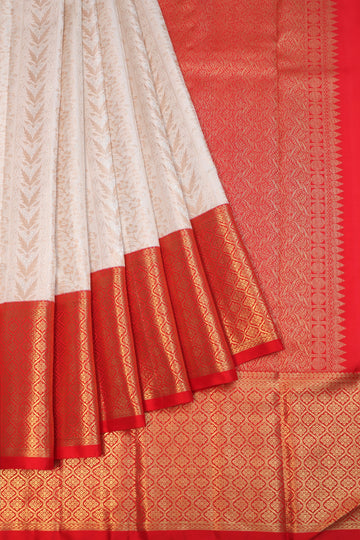 Cream Kanchipuram Silk Saree with Red Gold Zari Border