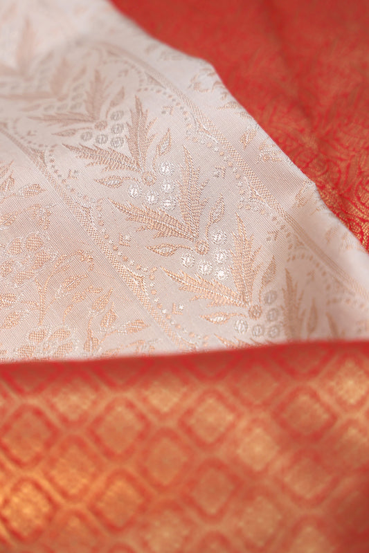 Cream Kanchipuram Silk Saree with Red Gold Zari Border