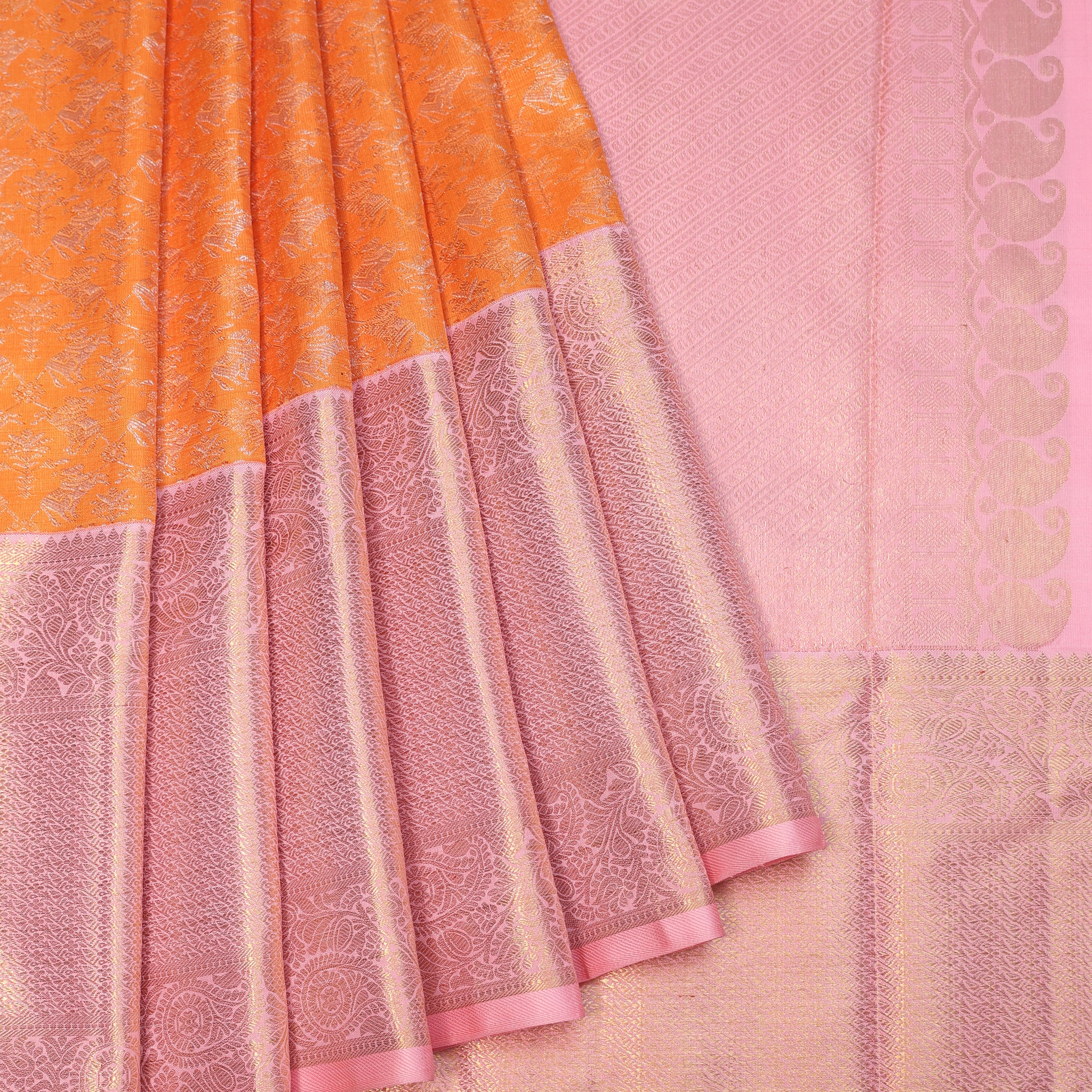 Orange Kanchipuram Silk Saree with Pink Gold Zari Border